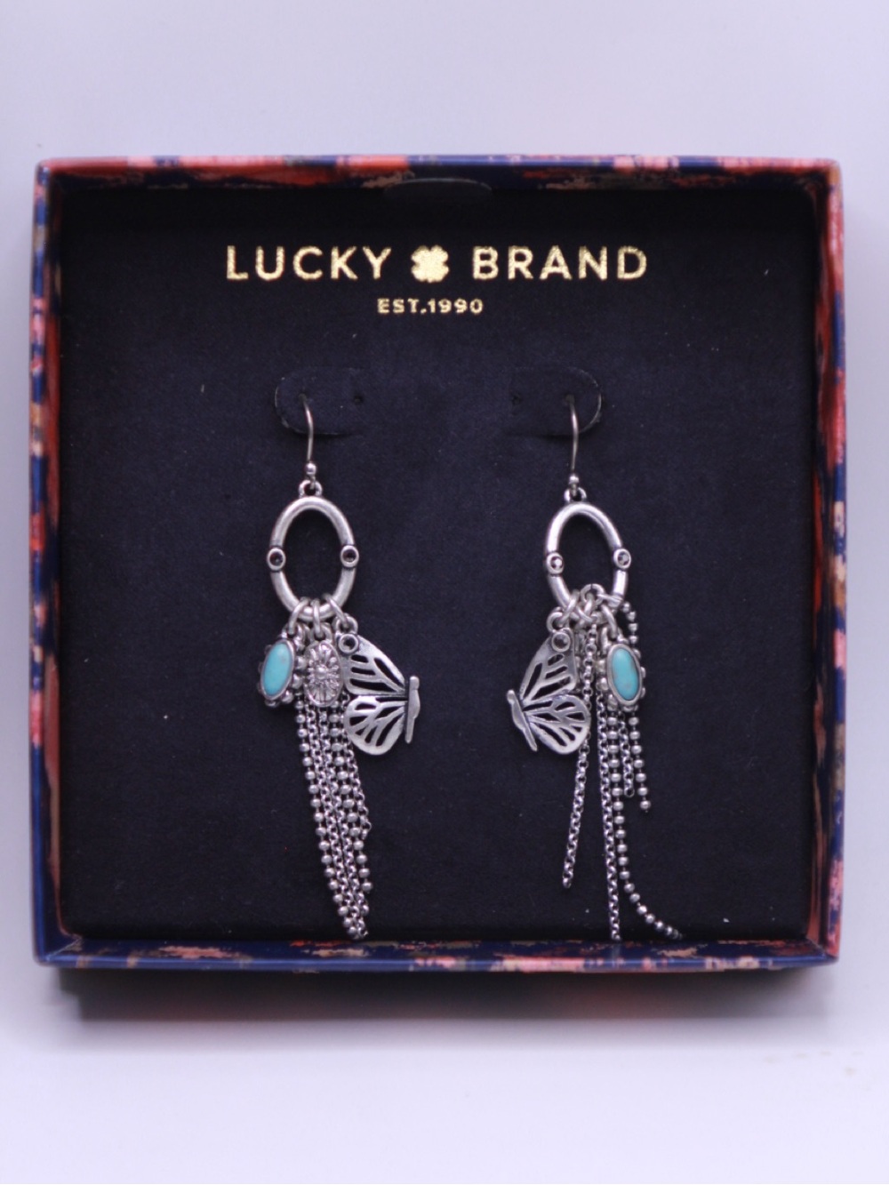 Lucky Brand Silver-Tone Turquoise Butterfly Fringe pierced Earrings
